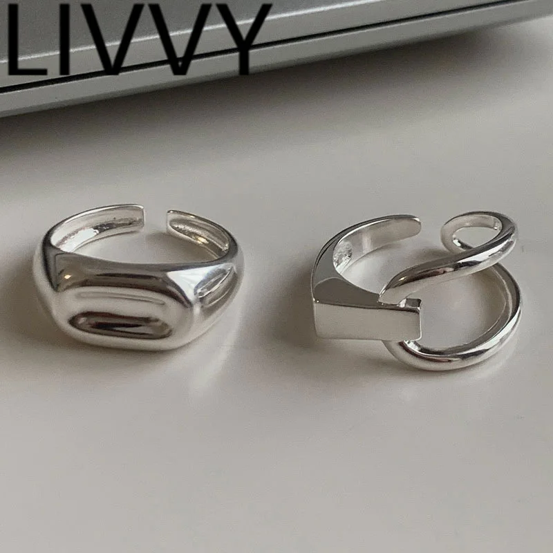 LIVVY 실버 컬러 한국 트렌디 비대칭 조절 반지, 간단한 기하학적 개성 주얼리 선물 
