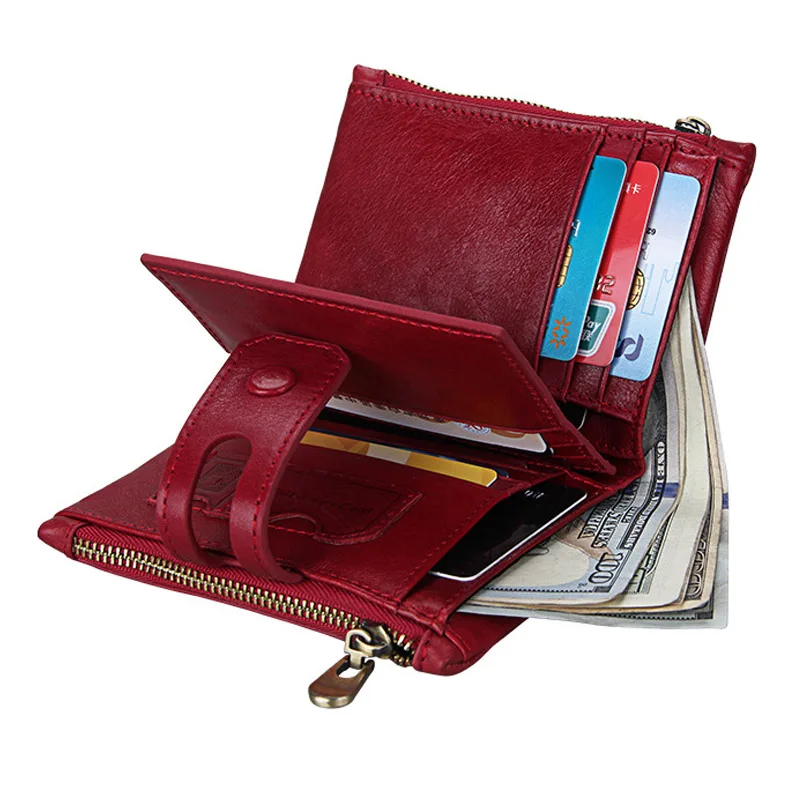 Folding Wallets for Women Genuine Leather Double Zipper Coin Purse Rfid Credit Card Holder