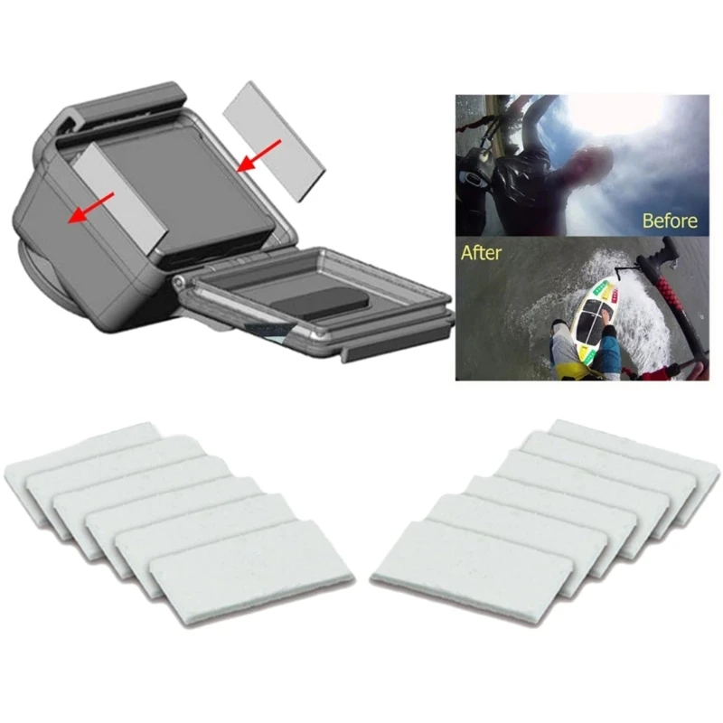 Paquet de 12 inserts anti-buée pour GoPro Hero 10 9 8 7 6 5 4 3+ posé à côté d'une caméra