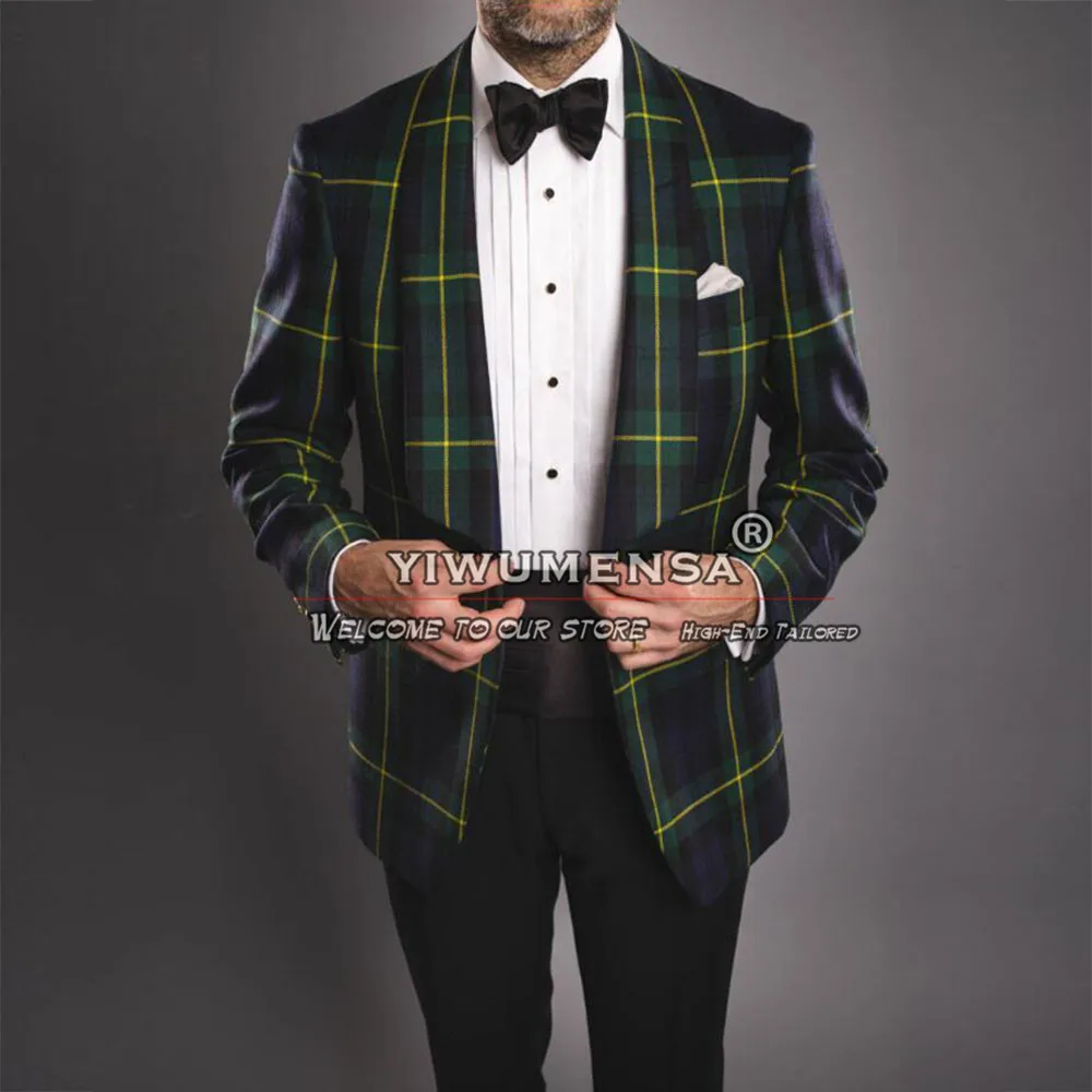 

England Style Suits Men Green Plaid Check Blazer Pants 2 Pieces Groom Wear Wedding Tuxedos Tailor Made Terno Masculinos Completo