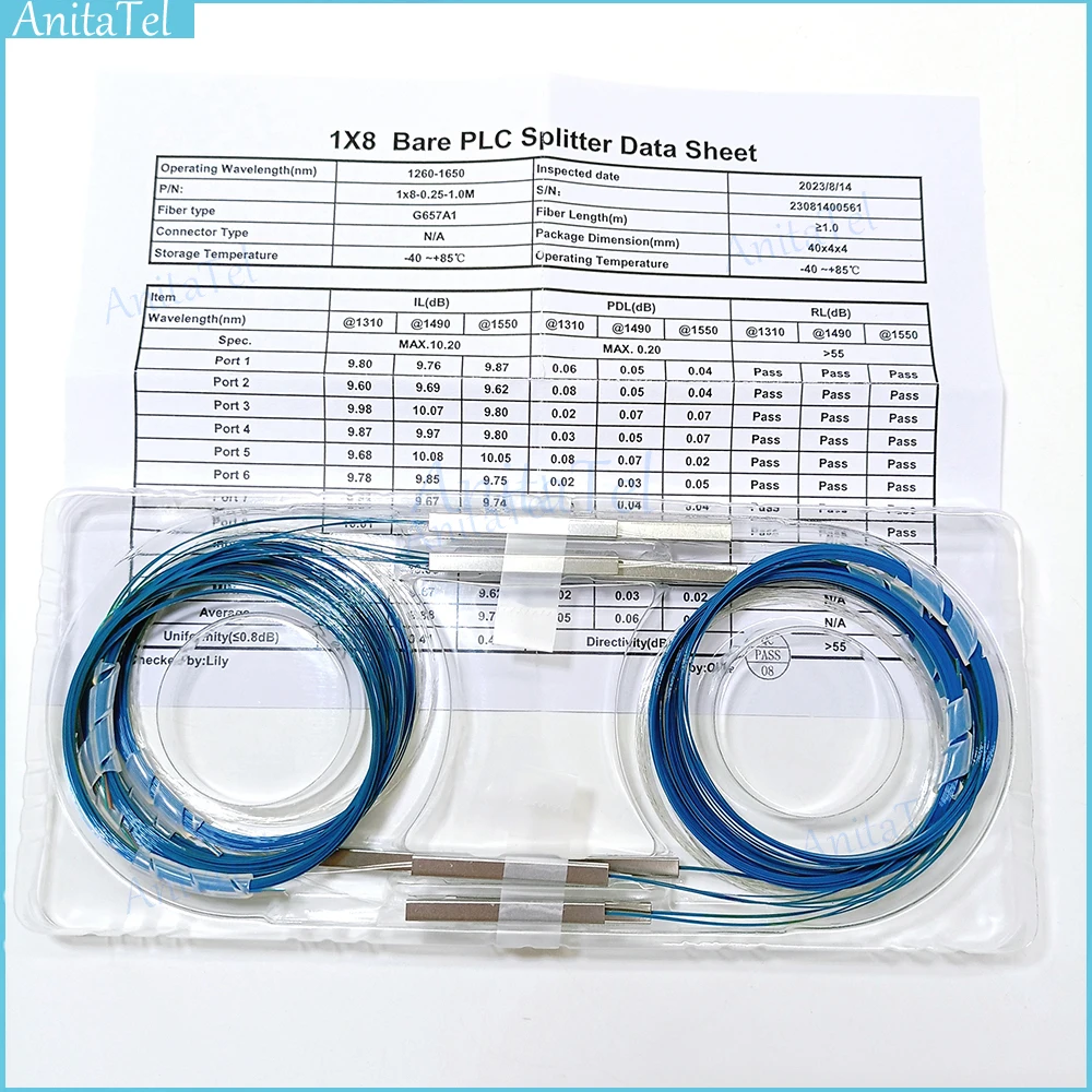 Splitter Plc In Fibra Ottica Nudo 1X8 Colore Senza Cavo Connettore 250Um Mini Blockless G657A1 Splitter 1260-1650Nm