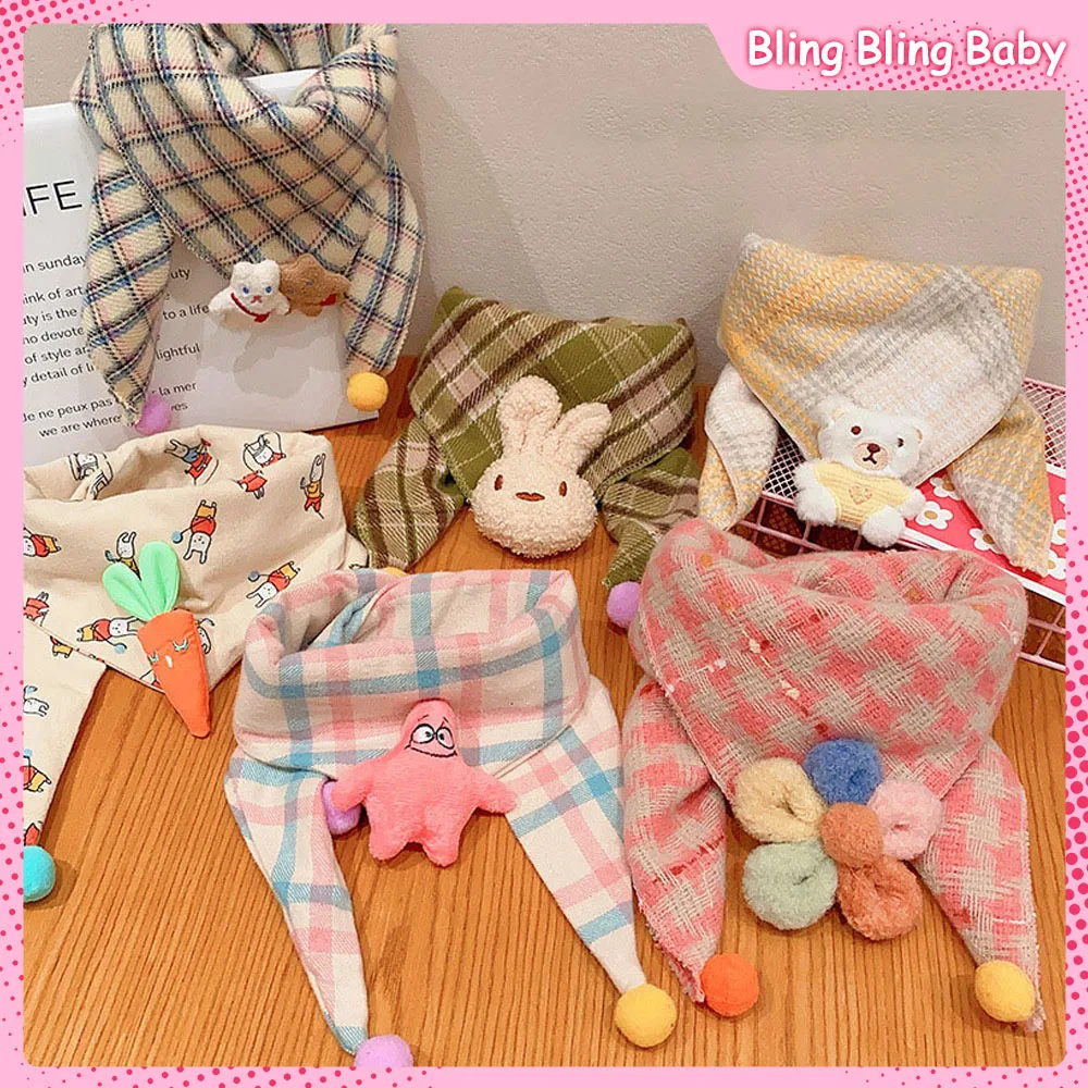 

0-14 Years Old Kawaii Children's Autumn Winter Thin Windproof Triangle Scarf Warm Bib for Children Plaid Doll Scarf Burp Cloth