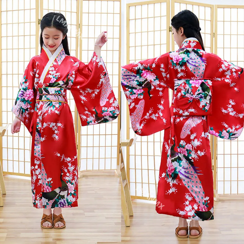 

Kids Girls Novelty National Japan Kimono Traditional Yukata Dress Satin Silk Luxury Oriental Bath Robe with Obi Performance