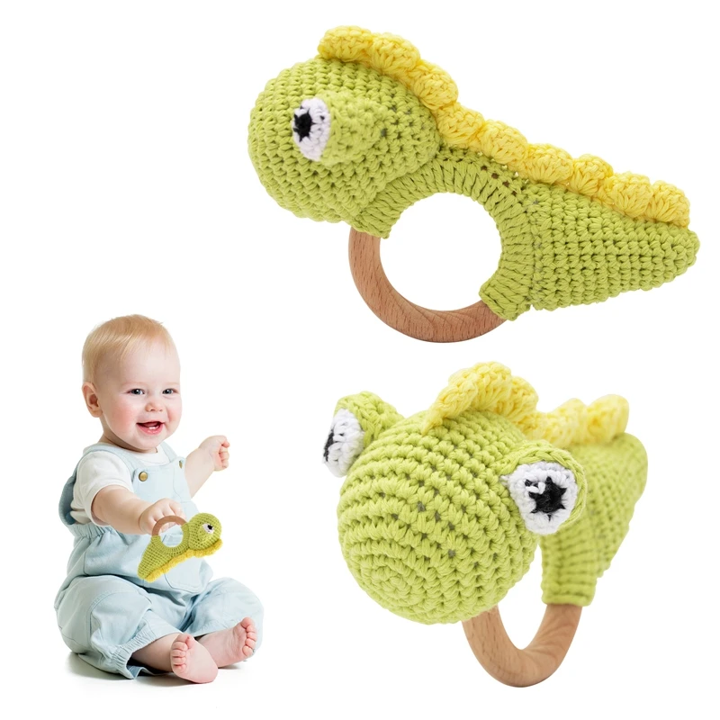 

Crochet Animal Baby Rattle Dinosaur Wood Ring 0 12 month Babies Hand Bells Educational Teether Toys for Kids Baby Mobile Gifts
