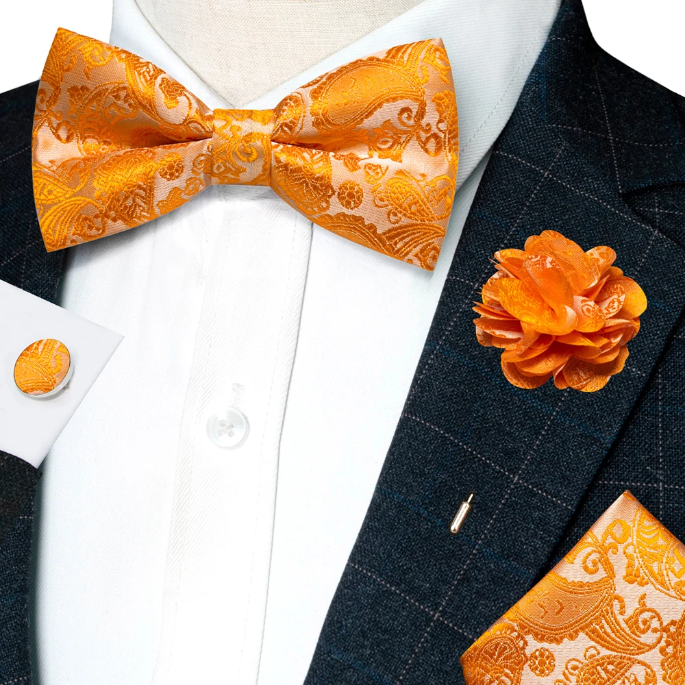 Champagne Silk Jacquard Paisley Bow Tie Set - Pre-tied Bowtie Brooch Hanky  Cufflinks for Weddings  Business