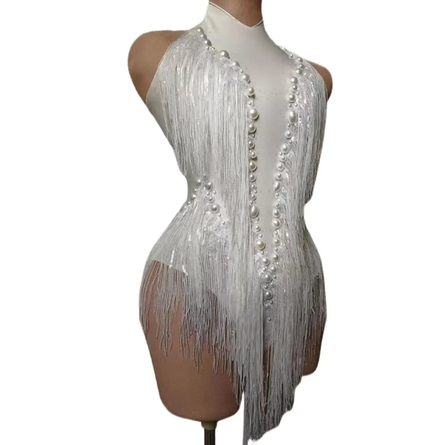 

New White Pearls Sequin Fringes Leotard Sexy Tassel Bodysuit Latin Dance Costume Stage Party Club Pole Dancer Performance Shuye