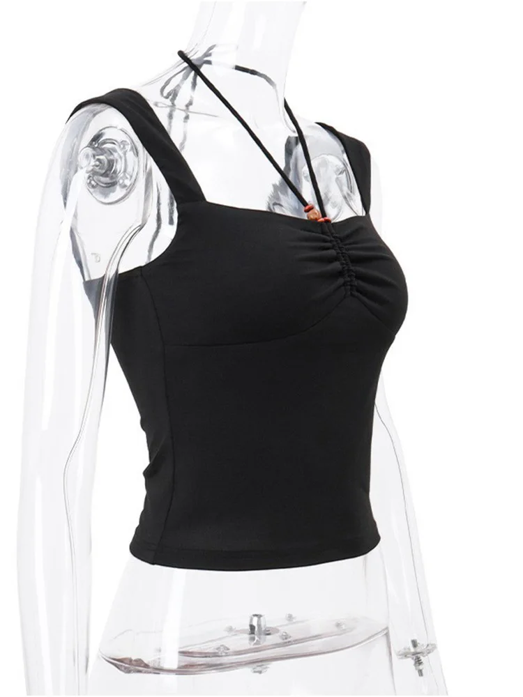Vintage Black Square-neck Halter Tank Top Sexy Slim Pleated Backless Summer Crop Tops 2025 Women Sleeveless Bodycon Vest