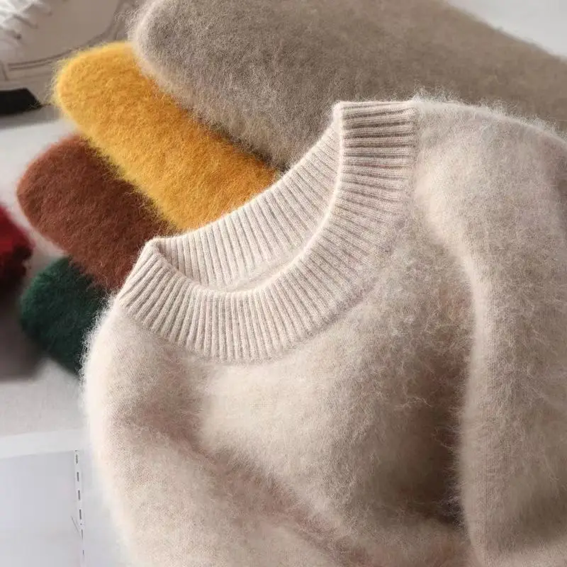 

Autumn And Winter Round Neck Temperament Long Sleeve Mink Cashmere Sweater Knit Bottoming Shirt Women's Fashion Casual Slim Top