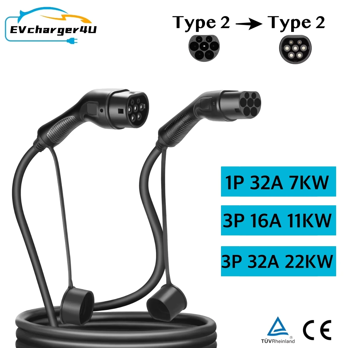 EVcharger4U IEC62196 16A/32A 7KW/11kW/22KW Type 2 to Type2 EV Charging Cable 3M/5M/7M Electric Vehicle PHEV In Public Station