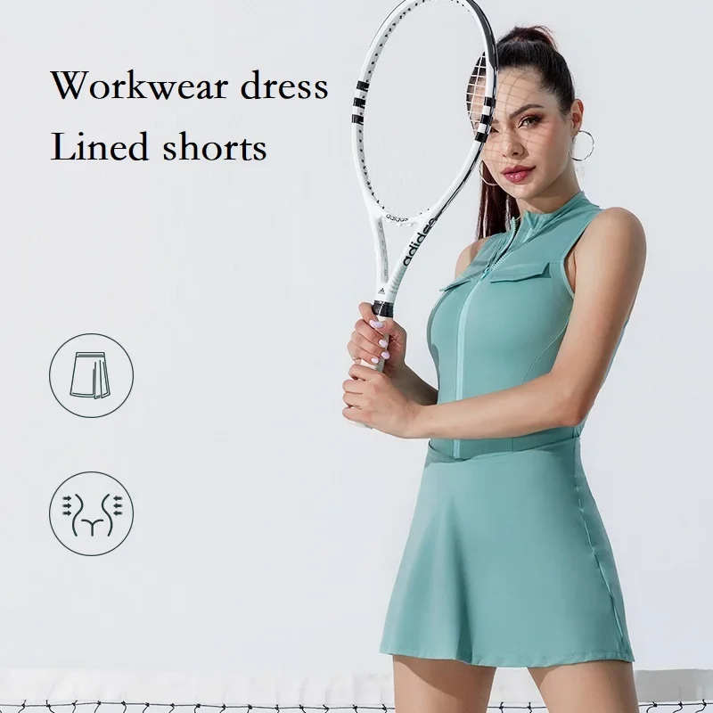 Summer Women's Tennis Dress Fashion 2-in-1 Tennis Golf Sports Dress Ladies Zipper Collar Fitness Workout Skirts with Inner Short