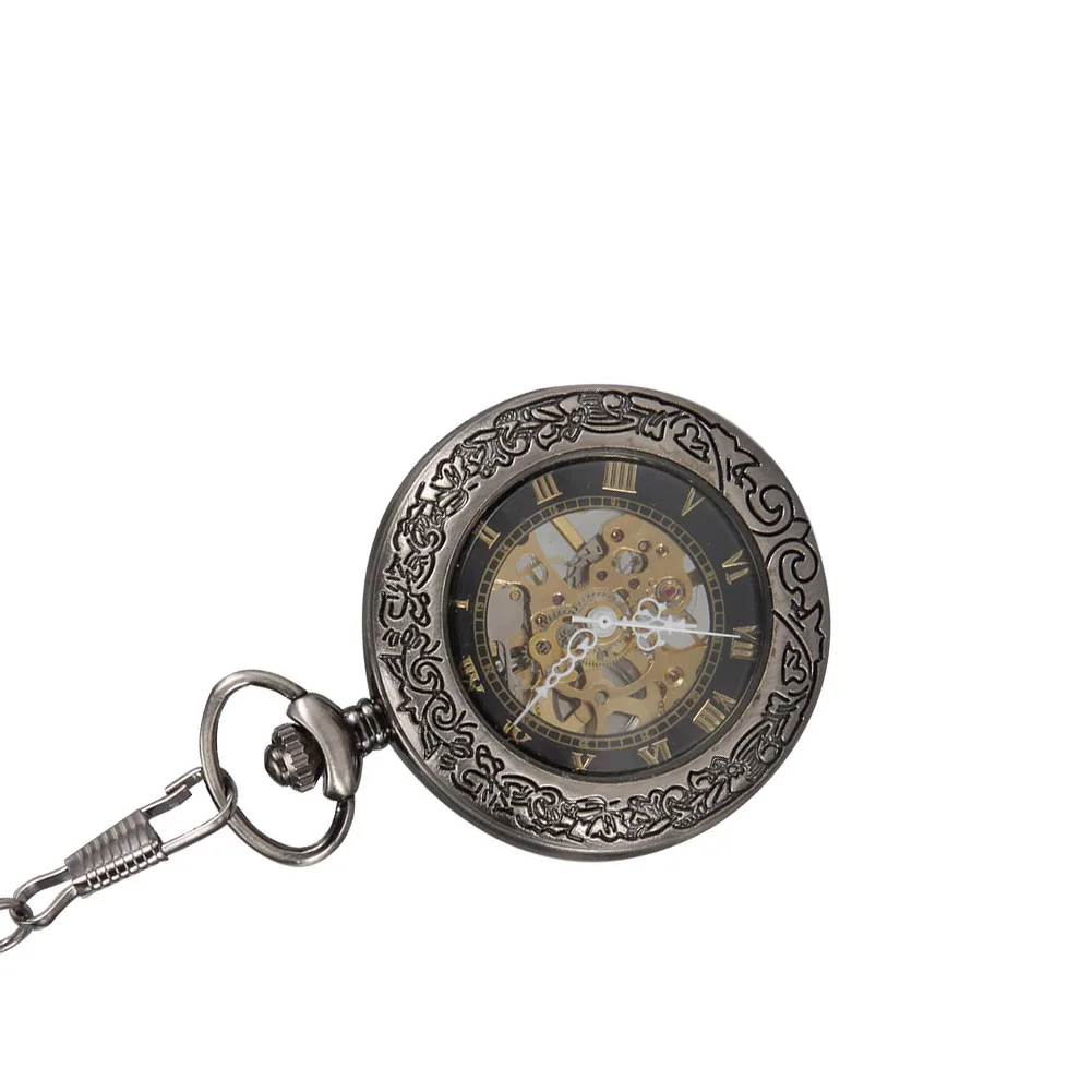Men Women Mechanical Pocket Watch Transparent Glass Carved Case with Chain LL@17