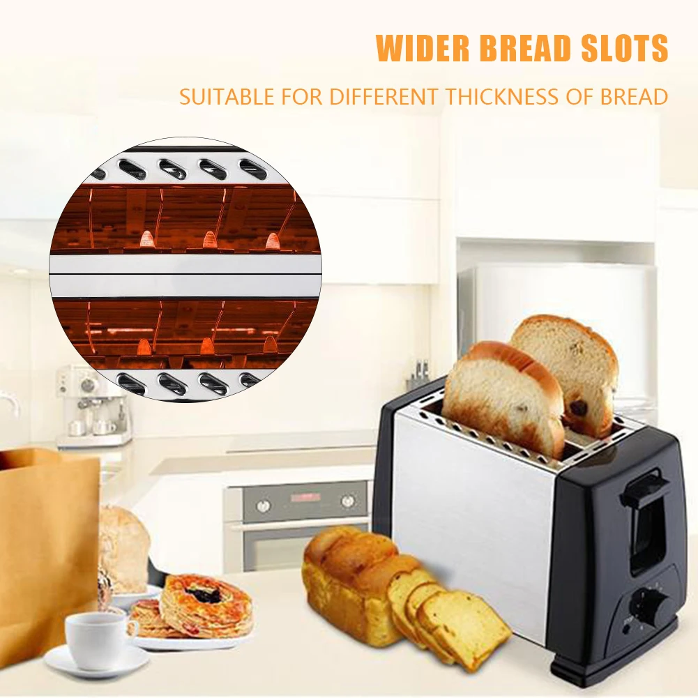 Electric Toaster Fryer 2 Slices Double Side Baking Toaster Automatic Mini Breakfast Toaster Stainless Steel 6 Toast Settings Kitchen Cooking Appliances