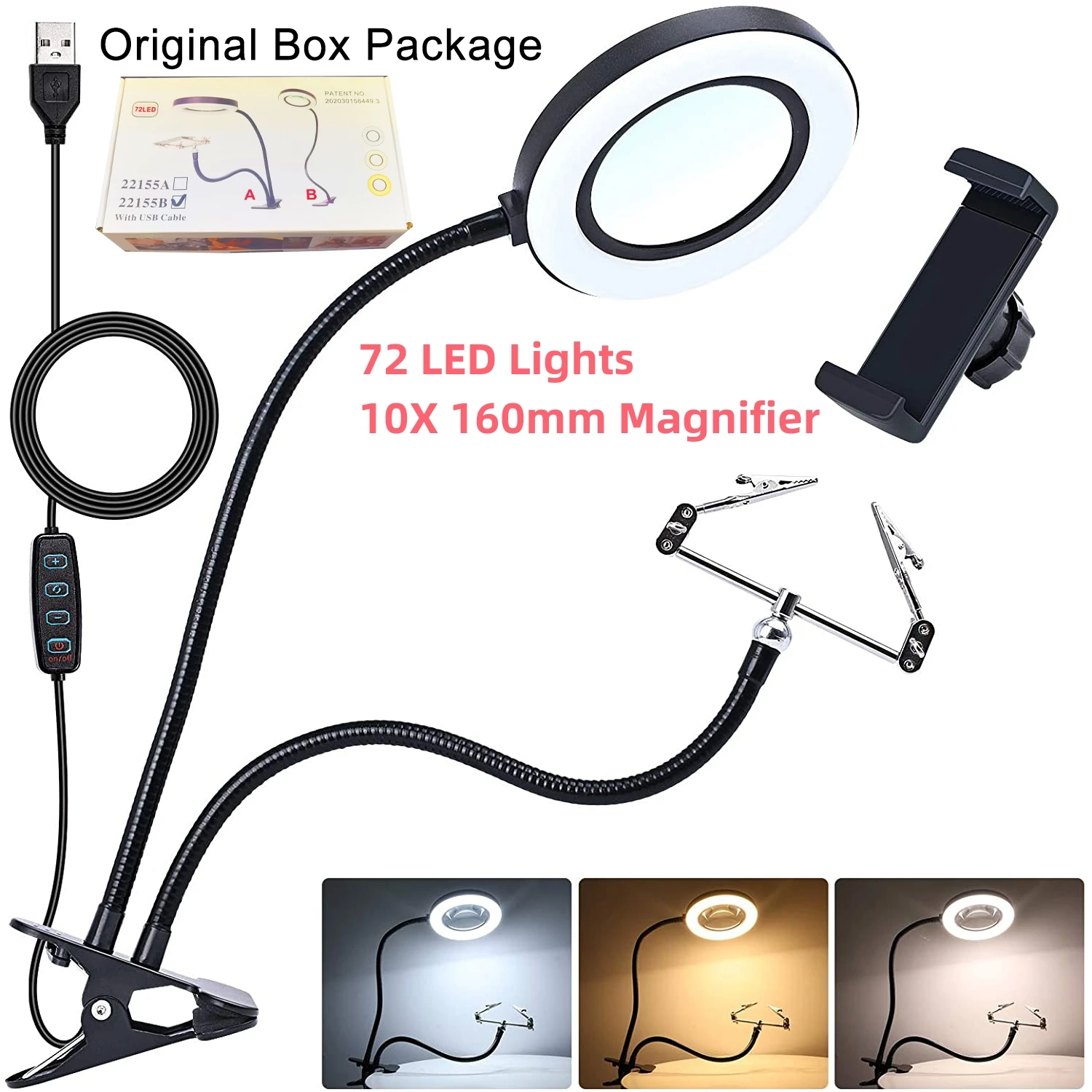 10X Magnifying Glass with 72 LED Light Magnifying Lamp Clip On Illuminated  Magnifier Selfie Ring Light with Phone Holder Metal - AliExpress