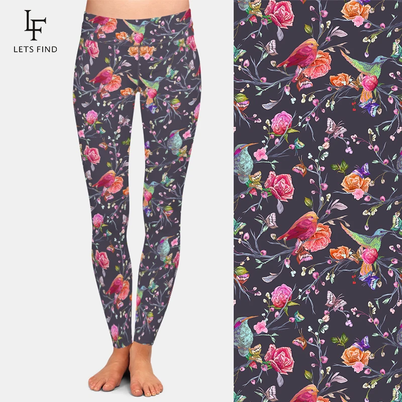 LETSFIND Birds Butterflies and Flowers Digital Printing Women High Waist Leggings High Elastic  Soft Fitness Pants