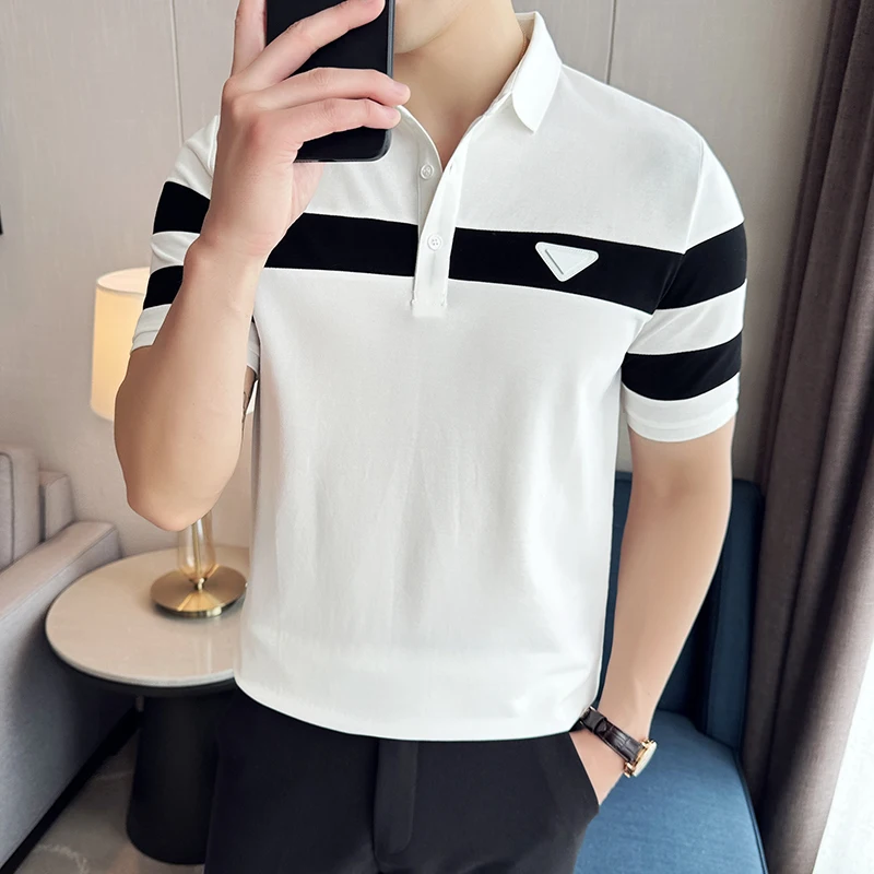 

Summer T-Shirts For Men Korean Luxury Clothing Short Sleeve Tee Men's Polo Shirts Fashion Stripe Spliced Slim Fit Mens Polos 4XL