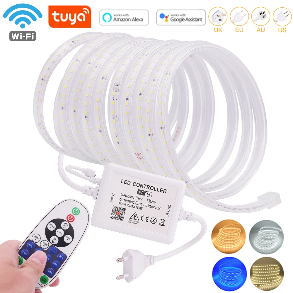 

110V 220V LED Strip Tuya WiFi Remote Dimmable Led Strip Light 2835 120LEDs/m Waterproof LED Tape with Single Color Controller