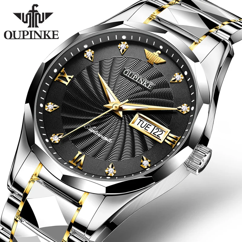 OUPINKE Whirlwind Dial Automatic Watch for Men Tungsten Steel Strap Waterproof Watches Classic Dual Calendar Business Man Watch