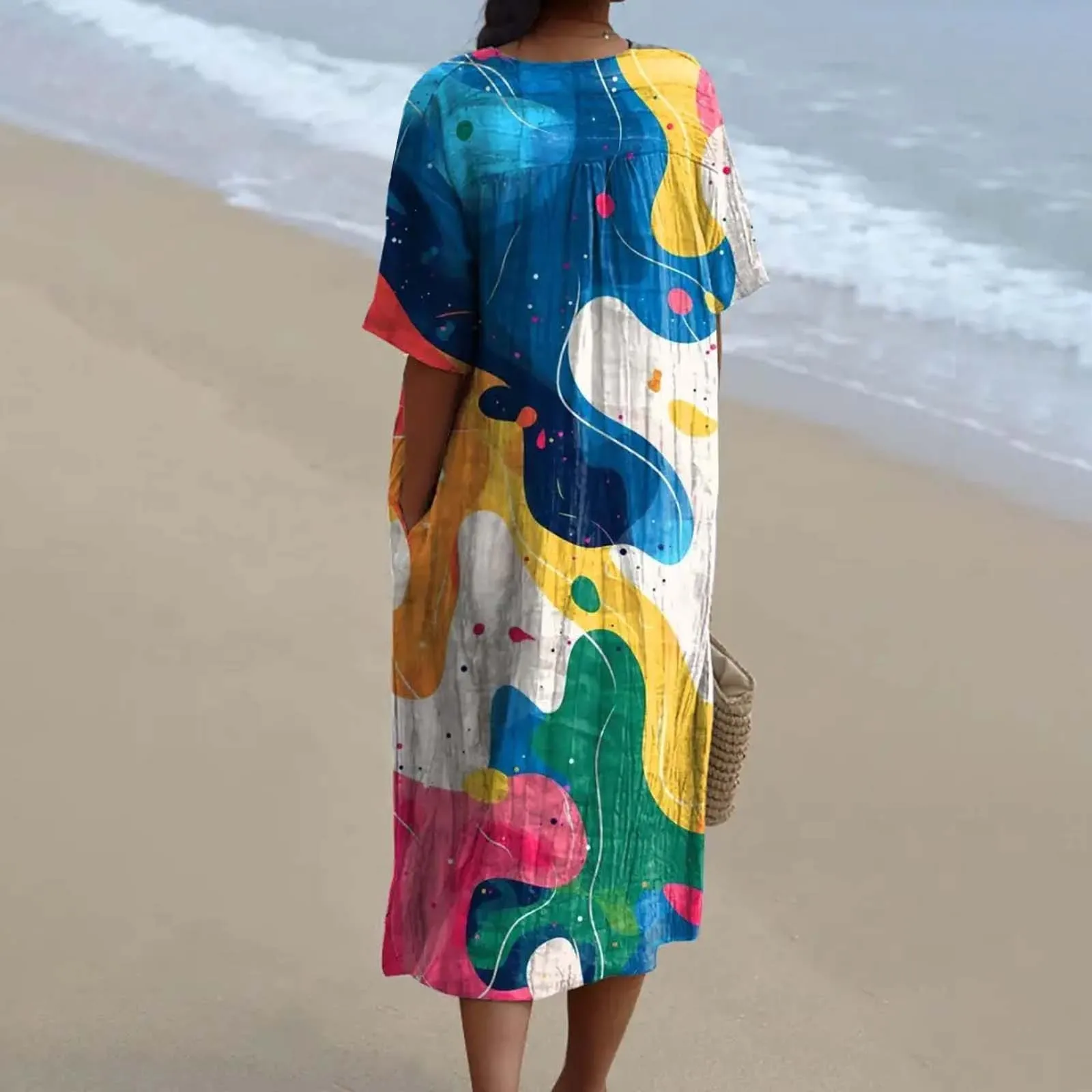 Womens Beach Cotton Linen Floral Printed Dresses With Pockets Casual And Streetwear Dress Long Shirts Plus Size 4xl 5xl