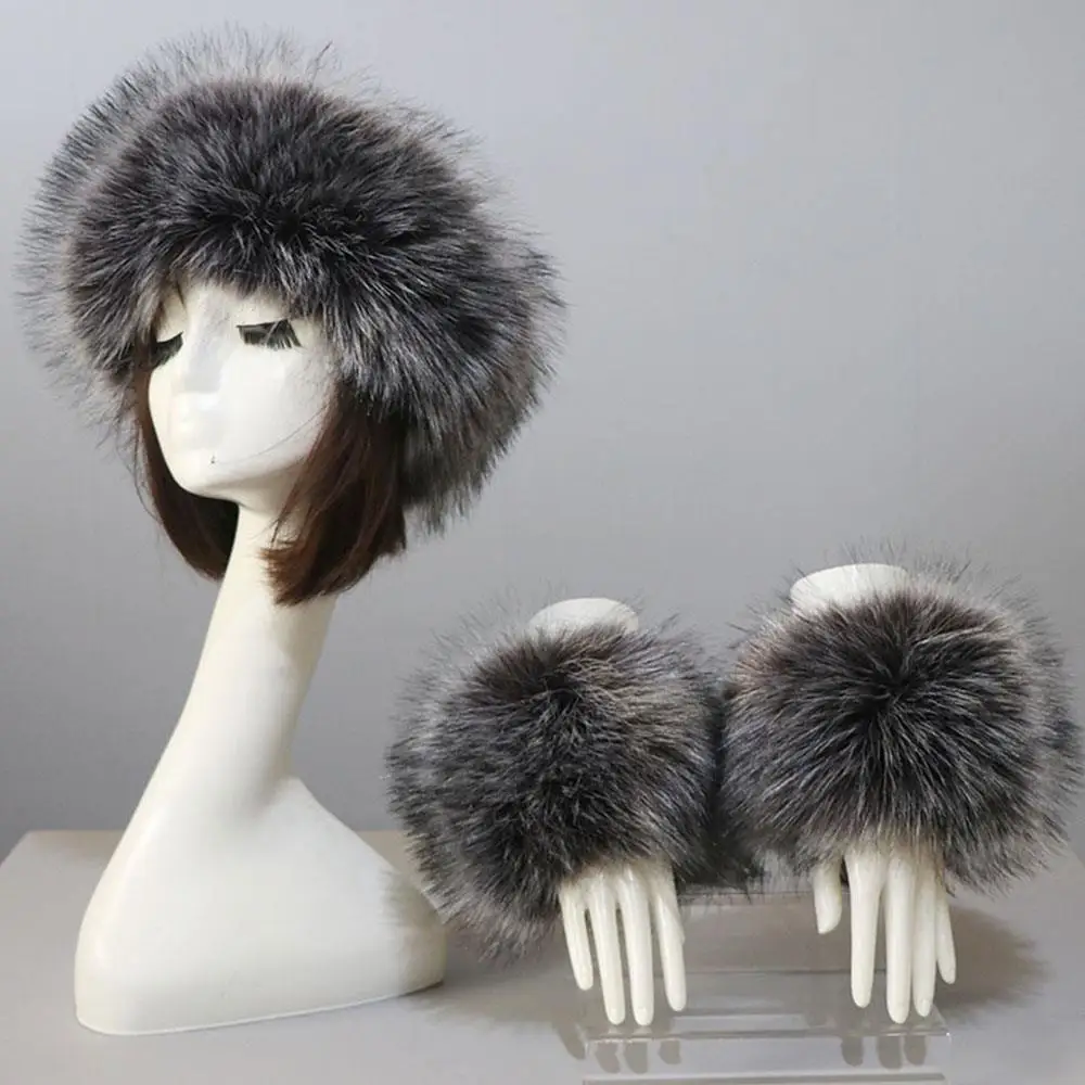 3Pcs Women Winter Faux Fox Fur Headband Hats Cuffs Set Luxury Thicken Warm Female Wrist Sleeve Gloves Windproof Russian Fur Cap