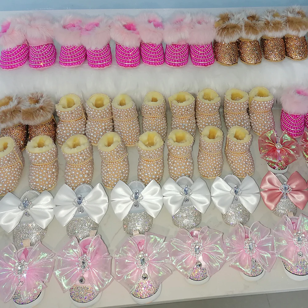 Handmade Bow Hairband Rhinestones Baby Girl Snow Boots Winter Shoes Comb First Walker Sparkle Bling Crystal Princess Shower Gift 6