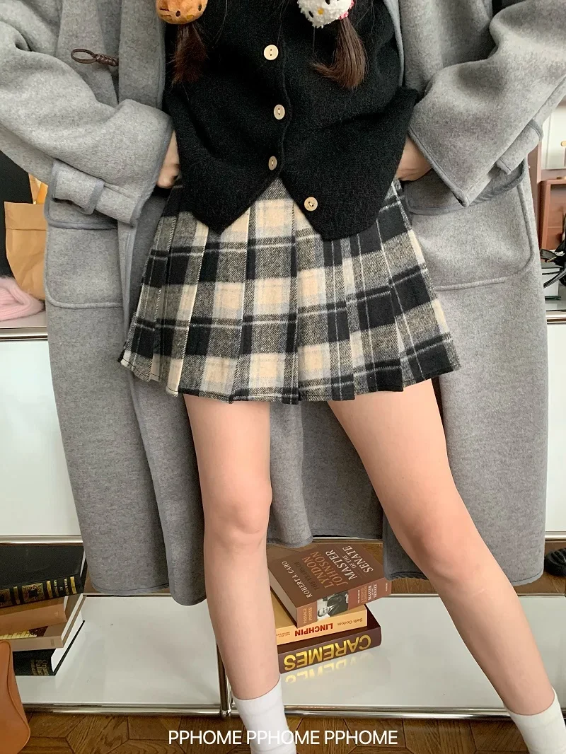 Winter Women Plaid Wool Skirts Bodycon High Waist A-Line Pleated Tartan Midi Long Mini Skirt y2k vintage jk uniform japan korean