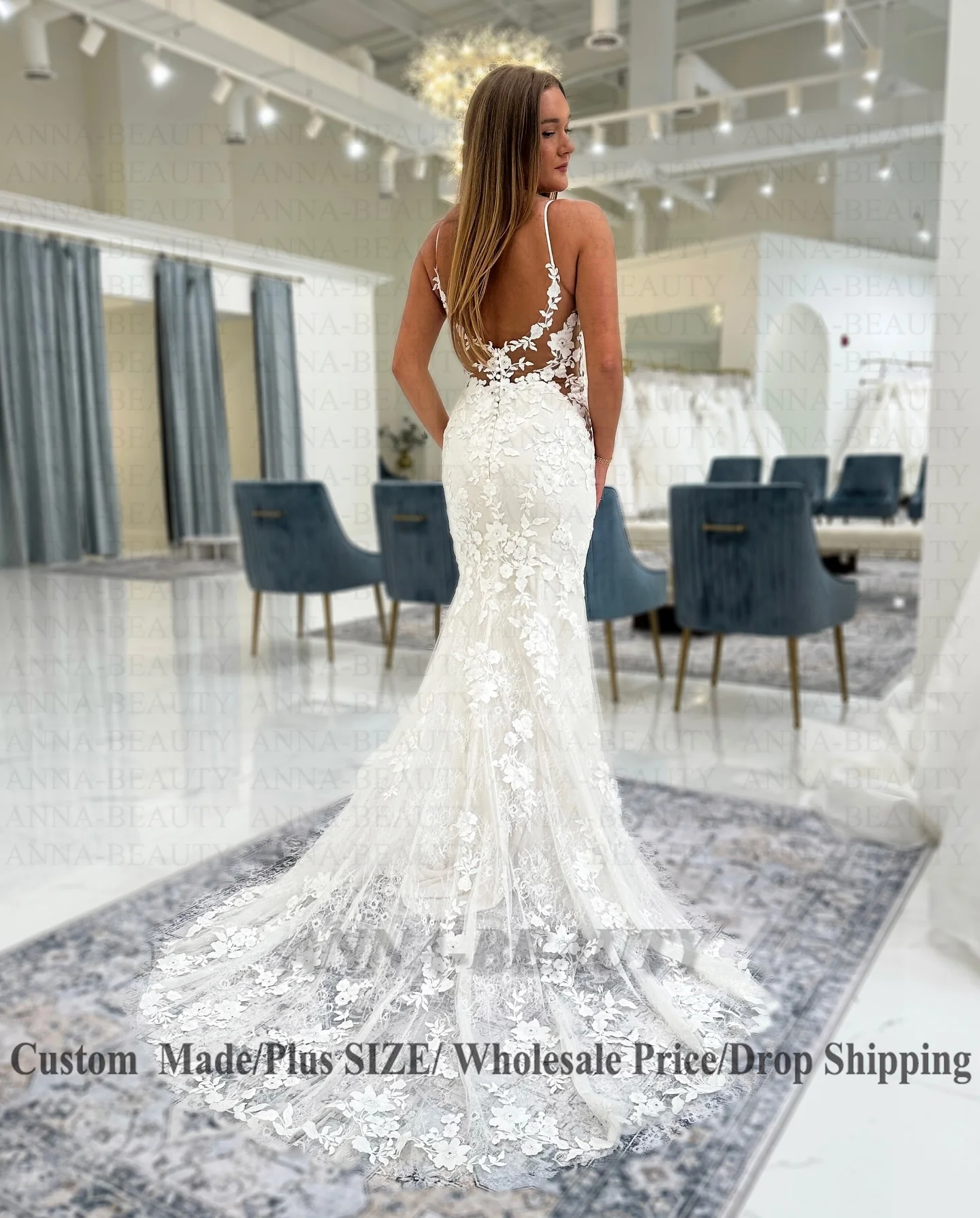 Anna Attractive Women's Wedding Dress Spaghetti Strap V-neckline Sleeveless Lace Appliques Mermaid Backless Vestidos Customised