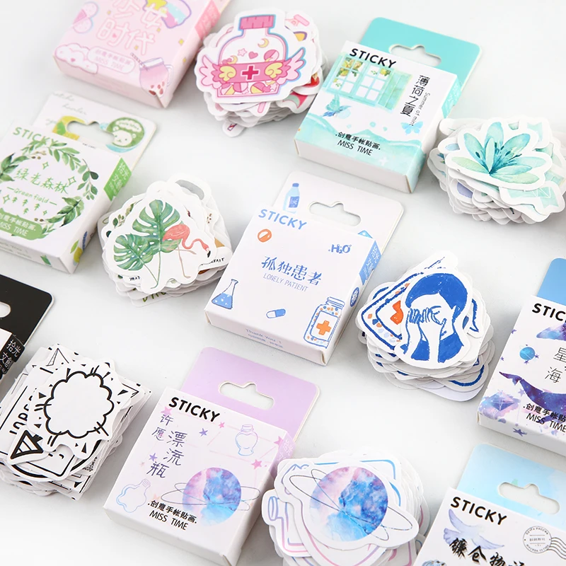 Journamm 44-50pcs/box Kawaii Mini Box Adhesive Stickers Scrapbooking Creative Junk Journal Decorative Stationery School Supplies