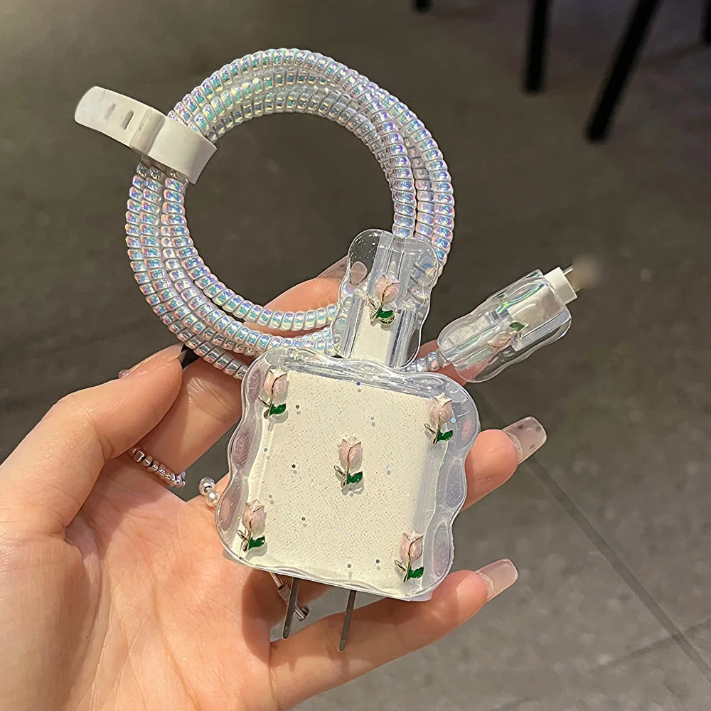 Cute 3D Metal Tulip Glitter USB Cable Protector Cover For iPhone 18W 20W Data Cord Winder Protective Fast Charger Protector