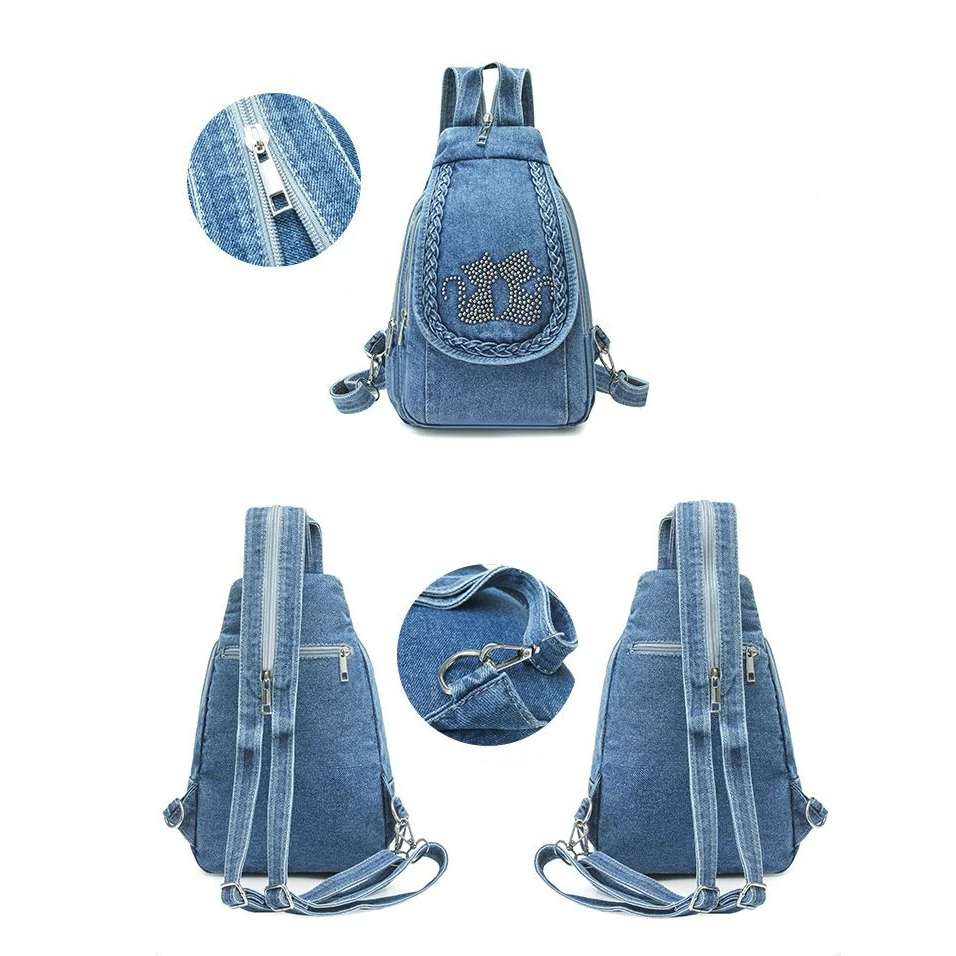 Zaini in Denim alla Moda per Donne, Piccola Borsa da Viaggio, Zainetto Femminile in Denim, Borse a Tracolla per Signore - immagine 5