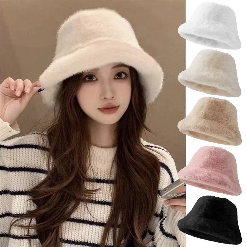 Fashion Fluffy Faux Fur Bucket Hat For Women Luxury Plush Fisherman Hat Warm Winter Thicken Cold Snowy Day Panama Cap