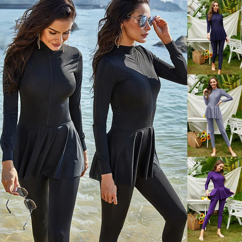 

Solid Color Long Sleeved Trousers Completely Surround Conservative Beach Surfing Sunscreen Arab One-Piece Swimsuit