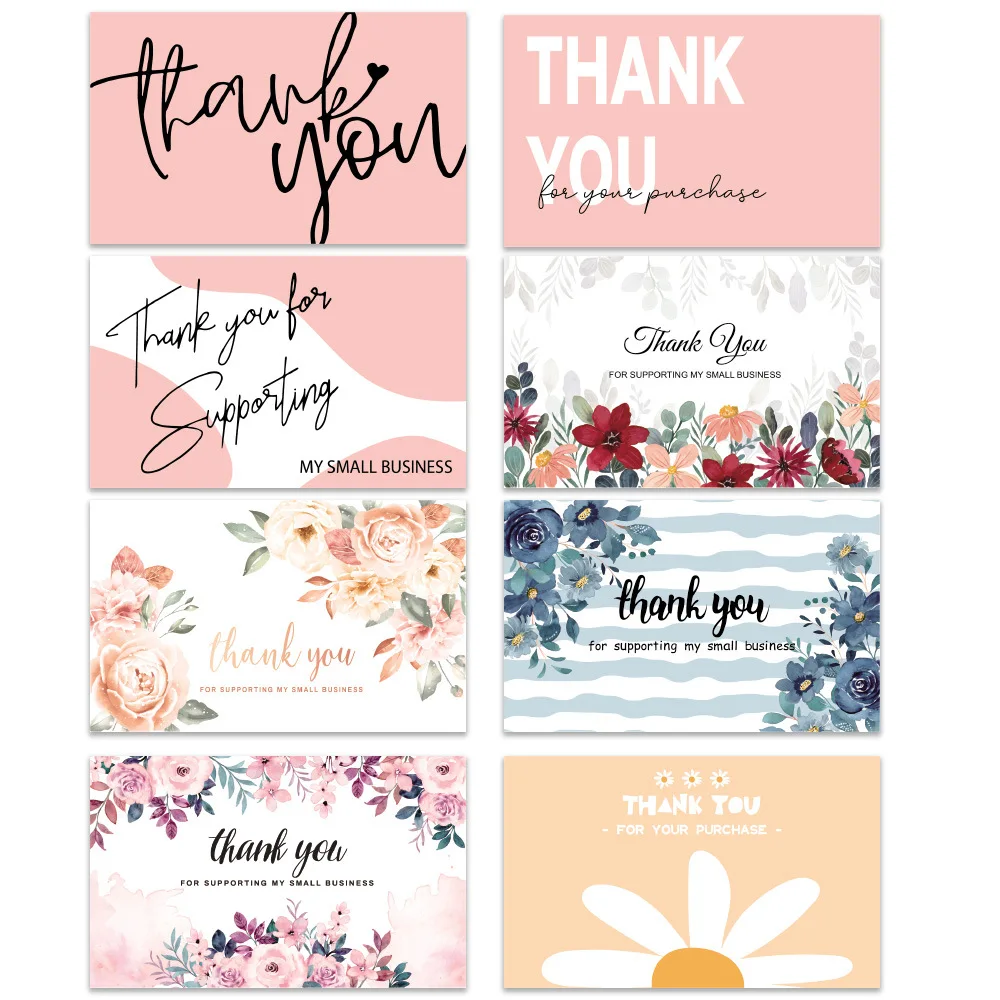 30pcs/Pack Flower Floral Thank You Cards Pink Small Business Card For Bakery Wedding Party Baby Shower Package Insert Mailer Bag