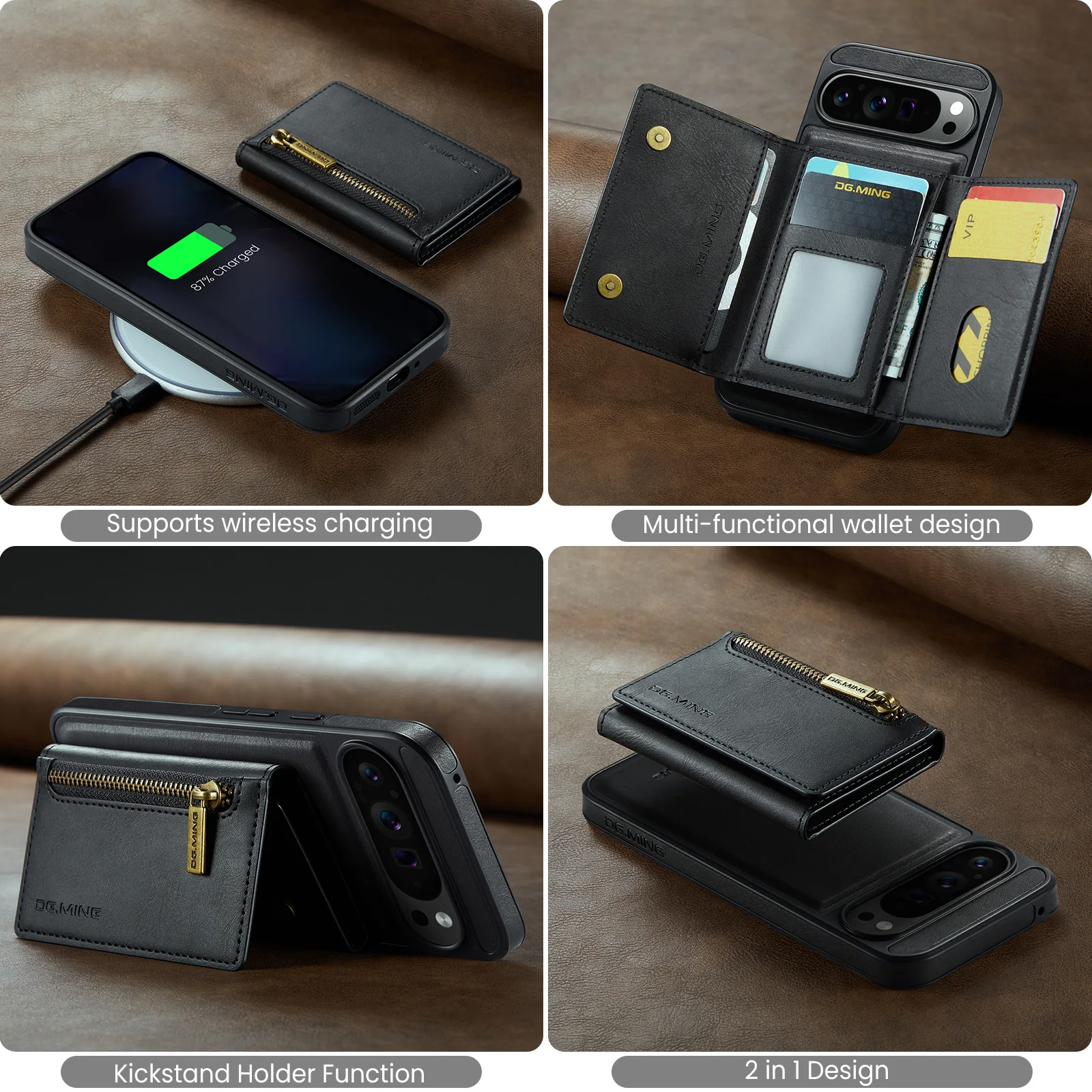 Magnetic PU Leather Wallet Phone Case with Shockproof Card Holder and Zipper Pocket Cover