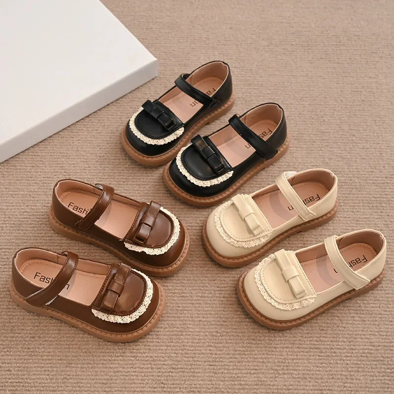 Girls Princess Shoes Soild Color Kids Leather Shoes Sweet Lace New Fashion Children Flat Soft Sole Round Toes Cute