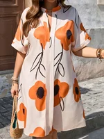 2025 New Plus Size Women's Floral Print V Neck Loose Elegant Short Sleeve Vacation Casual Loose Dress