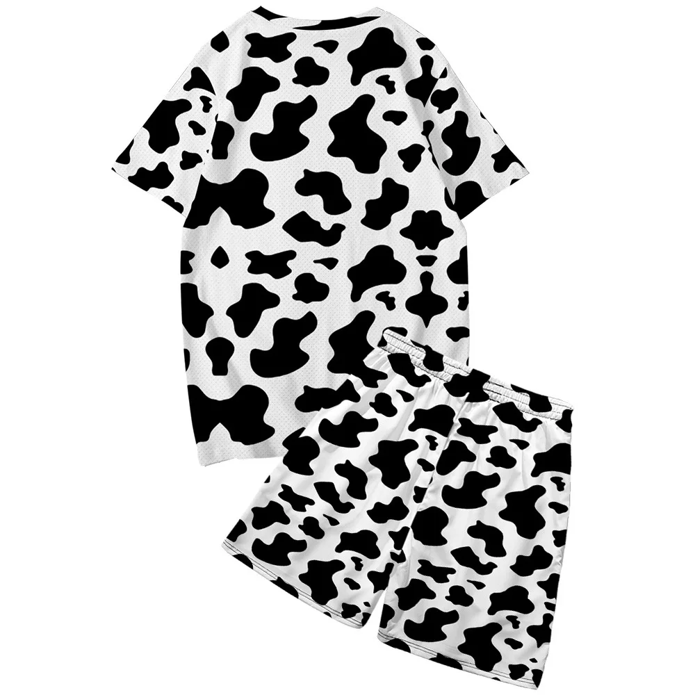 Black White Cow Print Men Sets Cow Spots Pattern Casual T-shirt Set Hawaiian Fitness Outdoor Shorts Summer Suit 2 Piece Clothing 2