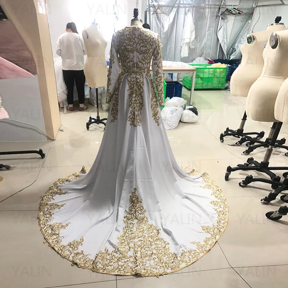 YALIN 2022 White Moroccan Caftan Evening Dresses Gold Applique Special Occasion Formal Gowns Long Sleeves Robe De Soirée