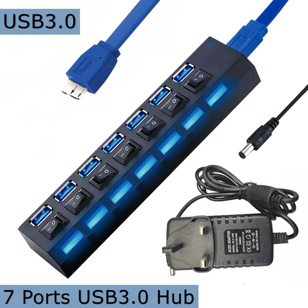 High Speed 7 Ports USB 3.0 HUB Power Splitter Extender Cable With UK Adapter: uk Stock, 4 Days Free Delivery, & No Order Amount limit