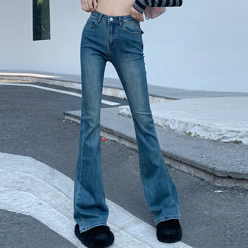 Women's Straight Jeans High Waist American Streetwear Vintage Pants Chic Design Casual Ladies Denim Wide Leg Trouser Flare Pants