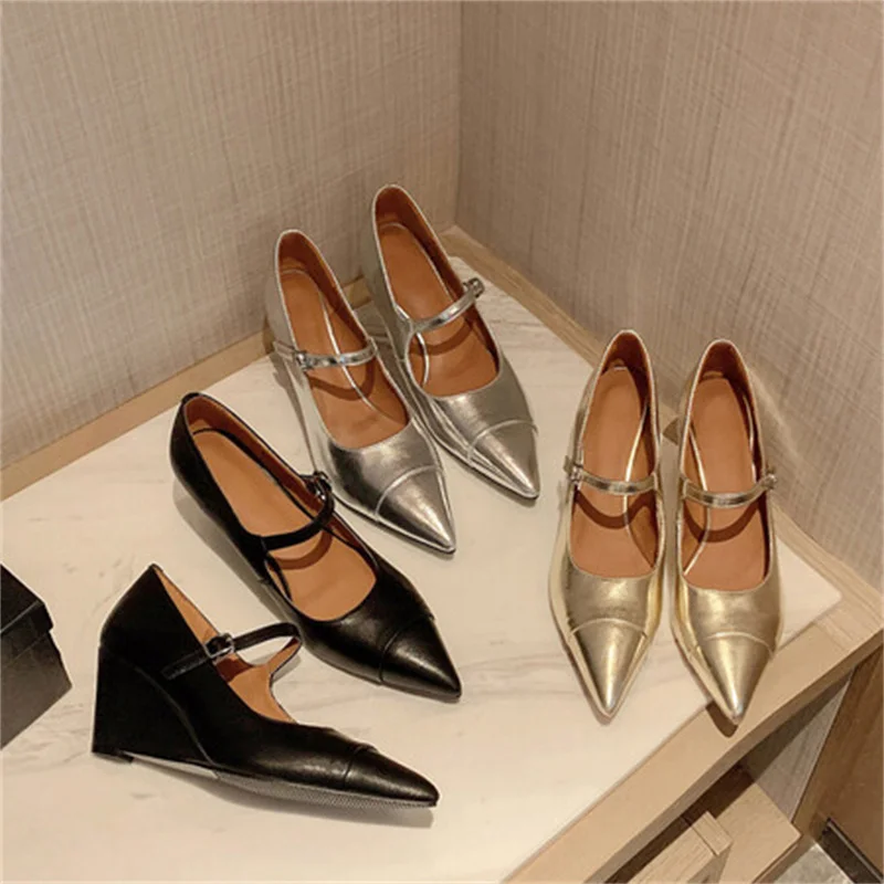 

Wedged Heels Outdoor Female Pumps Pointed Toe Solid Color Women Shoes Buckle Strap Leather Sandals Summer Zapatos Mujer
