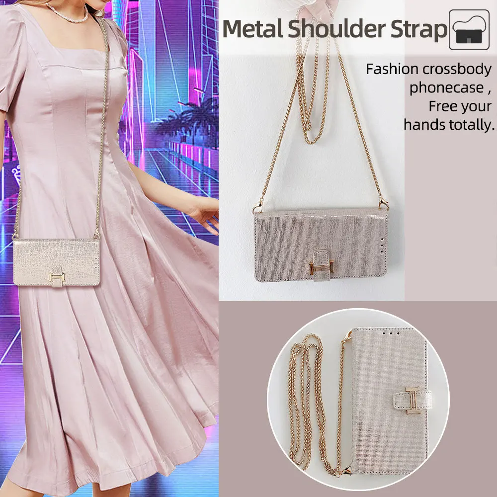 Luxurious Crossbody Leather Wallet Flip Case with Metal Shoulder Strap