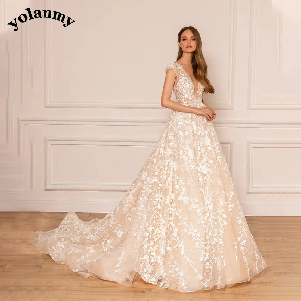 

YOLANMY dg485 Deep V-Neck Bohemian Wedding Dress For Women Exquisite Appliques Court Train Backless Custom Made Drop Shipping