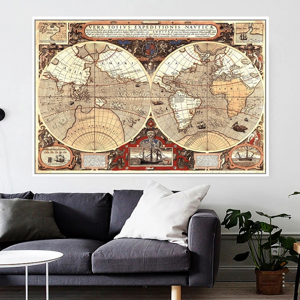 225-150センチメートルレトロ世界地図古典的な壁アートポスター不織布のキャンバス絵画学用品リビングルームの家の装飾