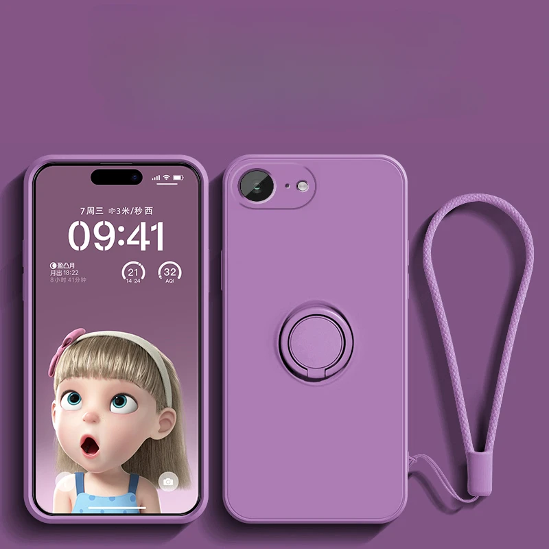 Liquid Silicone Ring Stand Phone Case with Lanyard and Magnetic Soft TPU Cover