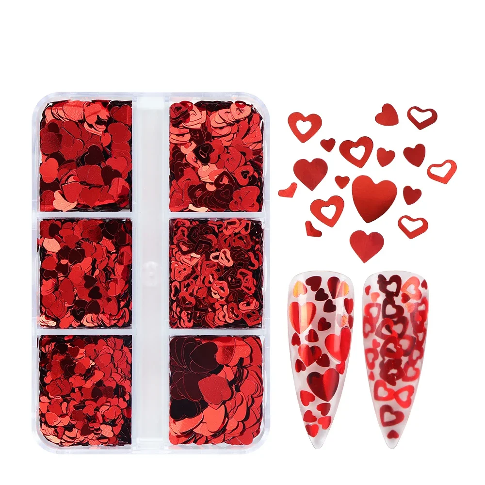 

6 cells/box Red Heart Sequin Nail Decoration Valentine's Day Nail Art Tips Design Supplies Accessories