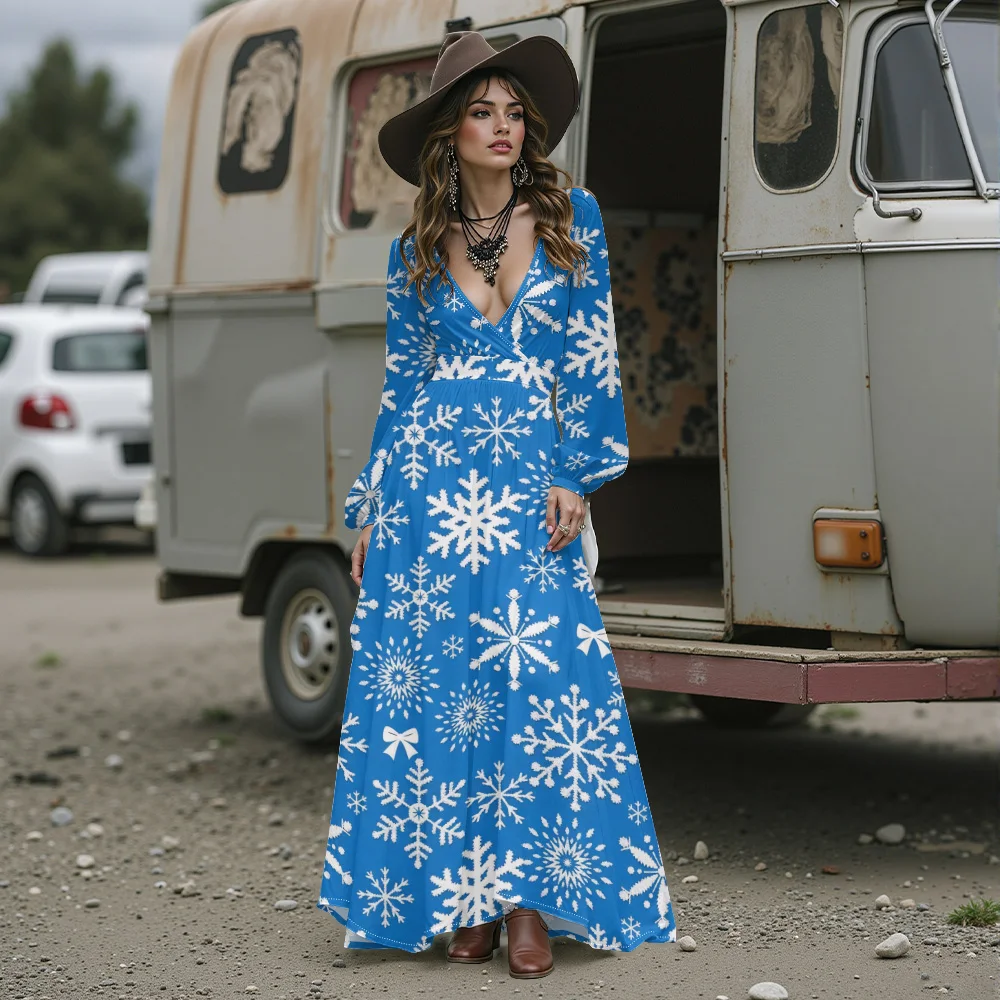 Sexy blaues Weihnachts-Partykleid mit Schneeflocken-Aufdruck für Damen, langärmelig, tiefer V-Ausschnitt, Puffärmel, Krawatte an der Taille, fließendes Chiffon-Maxikleid