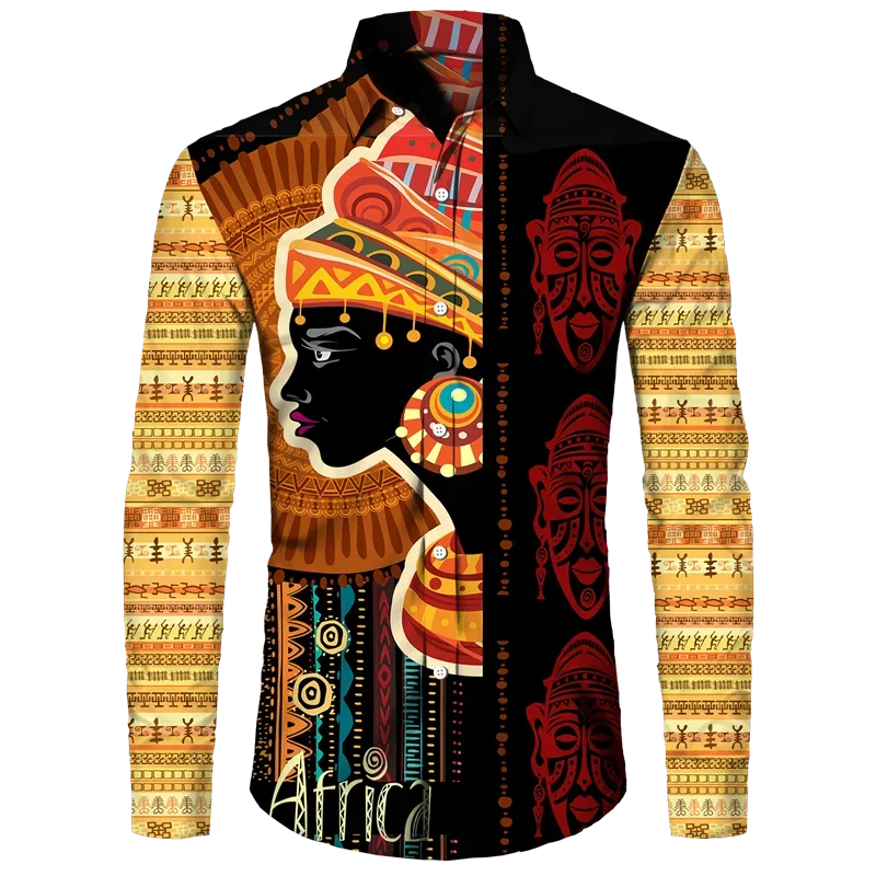 thumbnail image 1 of Camisas con cuello vuelto y botones con estampado dashiki africano para hombre, blusas casuales de manga larga, ropa de calle de estilo étnico, camisa, 1 of 5