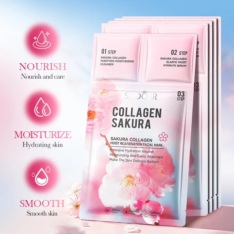 5pcs SADOER Sakura Face Mask Facial Cleanser Serum Kit Moisturizing Anti-Aging Anti Wrinkles Facial Masks Skin Care Sets