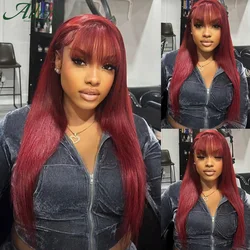 Burgundy Straight Human Hair Wigs with Bangs Colored 99J Wear to Go Glueless Wigs Long Straight Bazilian Remy Hair Wig Allure