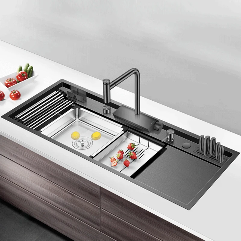 Nanoer Black Large Size Kitchen Sink 4mm Thickness 220mm Depth Step Handmade s Waterfall Faucet